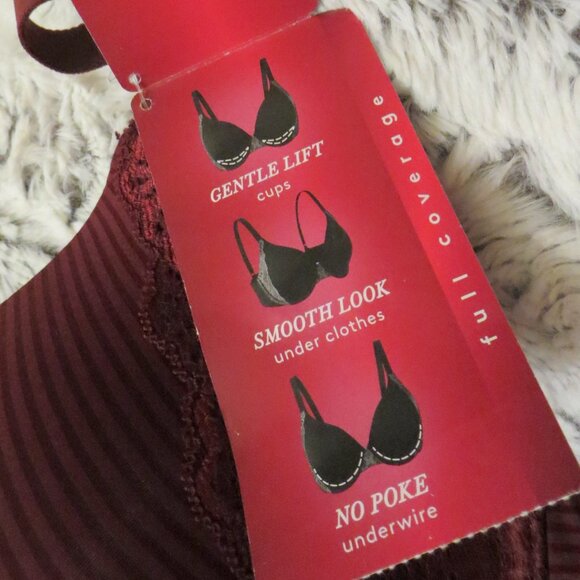 Women's Vanity Fair Flattering Lift Padded Burgundy Striped Lace Bra 38 C New - Picture 5 of 11